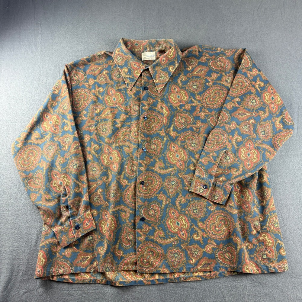 Vintage USA Paisley Shirt Men's 3X Blue Career Club Spread Collar Disco Dance